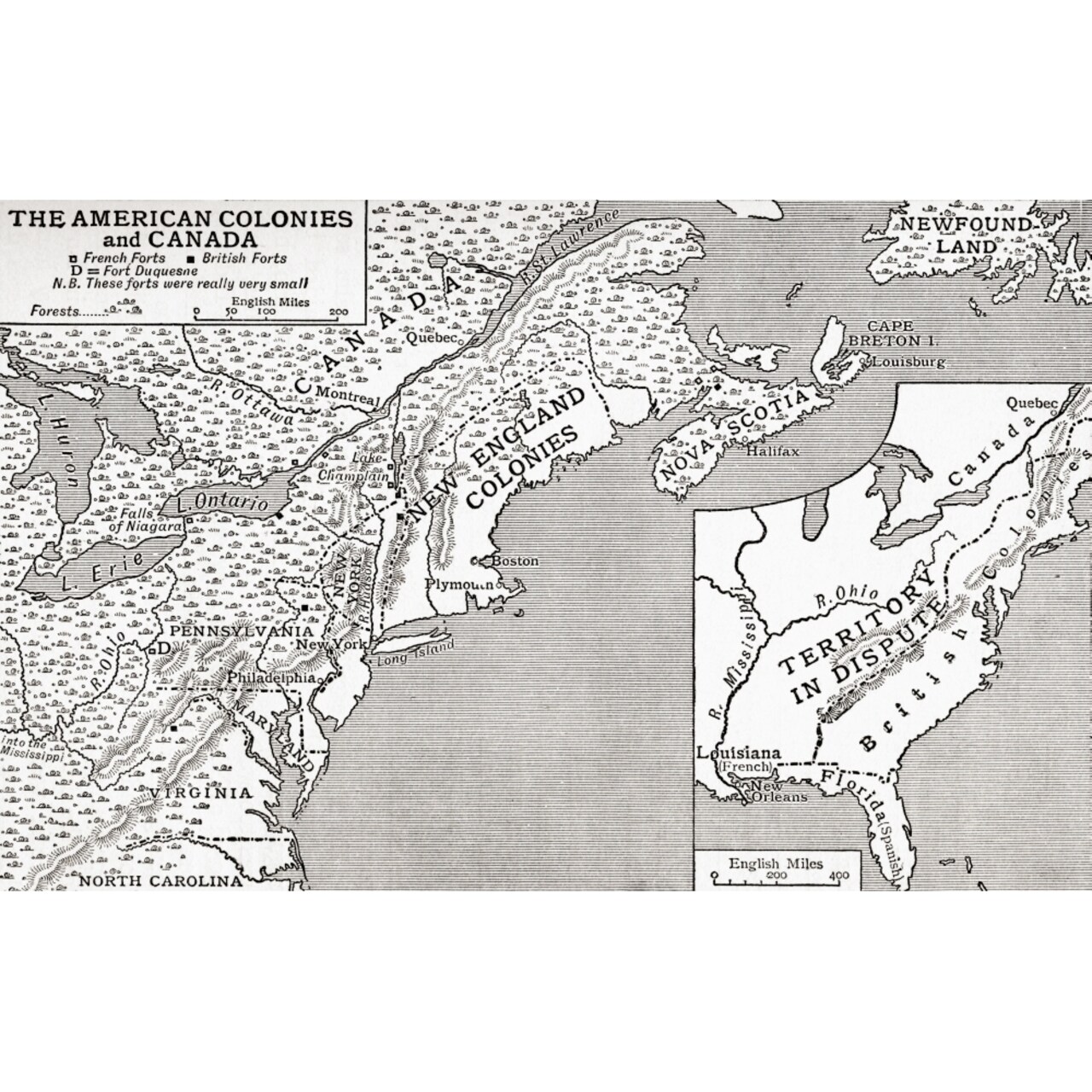 Map Of The American Colonies And Canada Showing The British Forts In 1755. From The Story Of England Published 1930.